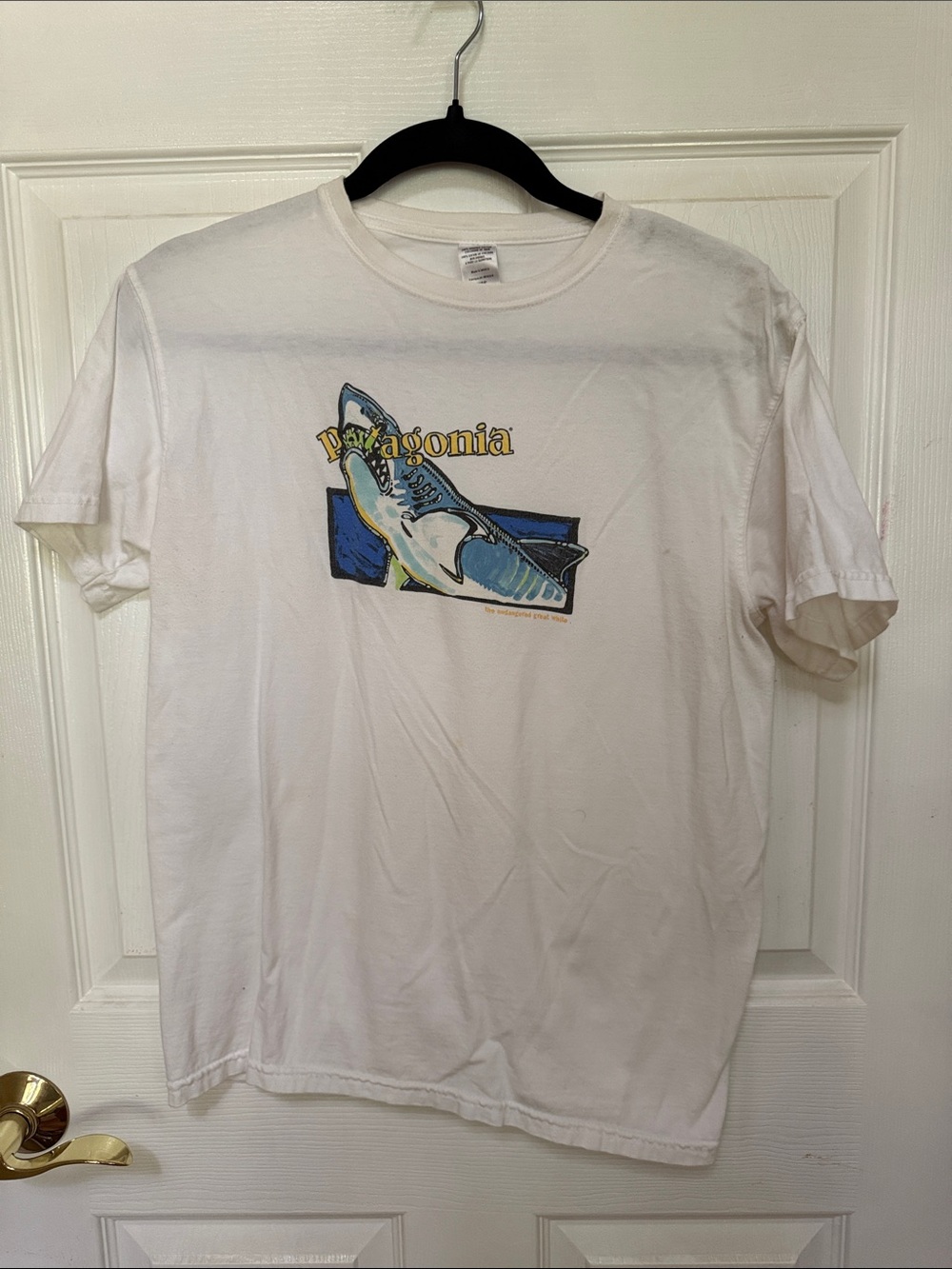 Patagonia White Tee with Blue Shark Graphic